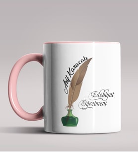 Kişiye Özel Edebiyat Öğretmeni Tasarımlı Siyah Renk Kupa Bardak  (Pembe)