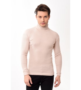 Erkek Balıkçı Yaka Boğazlı Slim Fit Kazak (Bej)