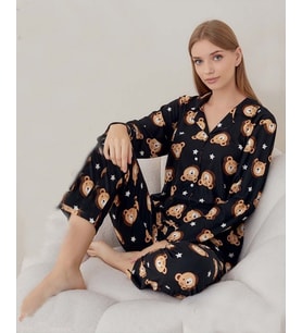 Lukitus Gömlek Yaka Süet Ayıcık Desen Kadın Pijama Takımı (Siyah)