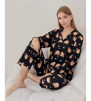 Lukitus Gömlek Yaka Süet Ayıcık Desen Kadın Pijama Takımı (Siyah)
