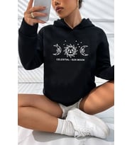 Unisex Celestial Sun Moon Baskılı Sweatshirt (Siyah)