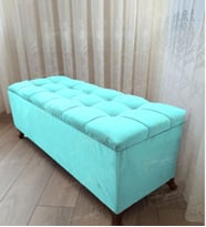 Lüks Çizgi Kapitoneli Sandıklı Puf Bench 120 cm CevizAyak (Turkuaz)