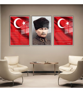 3'lü Metal Çerçeveli Cam Tablo Seti Üniformalı Atatürk İstiklal Marşı ve Gençliğe Hitabe (Gümüş)