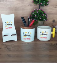 Mimar Hediye Sepeti Kupa Bardak T Kulplu, Kalemlik ve Ahşap Telefon Standı Mimarlar Günü Hediyesi (Model 5)