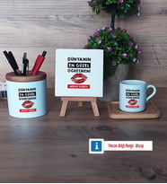 Kadın Öğretmene Hediye Hediye Seti Dekoratif Taş, Kalemlik, Ahşap Altlıklı Türk Kahvesi Fincanı Hediye (Model 1)