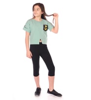 Toontoy Kız Çocuk Göğsü Ayıcık Baskılı Kaprili Takım (Yeşil)