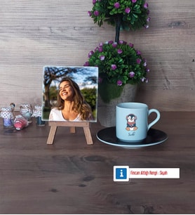 Tatlı Penguen Fotoğraflı Dekoratif Taş, Ahşap Altlıklı Türk Kahvesi Fincanı Hediye (Model 7)