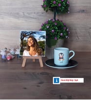 Tatlı Penguen Fotoğraflı Dekoratif Taş, Ahşap Altlıklı Türk Kahvesi Fincanı Hediye (Model 7)