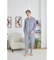 4007 Erkek Apaj Yaka Önden Düğmeli Gaffur Pijama Takım (Mavi)