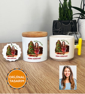 Kişiye Özel Karikatürlü Yılbaşı Hediyesi Hediye Seti T Kupa, Kalemlik, Anahtarlık Noel Anneye Hediye (Sarı)