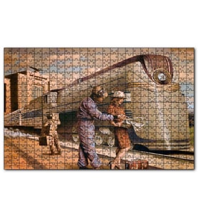 Cakapuzzle Fütüristik Tren ve Eski Kıyafetli Yolcular Puzzle Yapboz MDF (Ahşap) (500 Parça)