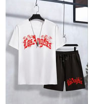 AMOR MAN ÖZEL TASARIM RED LOS ANGELES BASKILI ÇİFT CEP MODERN ERKEK T-SHIRT ŞORT TAKIMI (Beyaz)