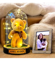 Kişiye Özel Fotoğraflı ve İsimli Hediye Seti, Renkli Peluş ve Led Işıklı Fanus HA4 (Krem)