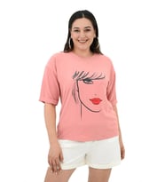 Kadın Büyük Beden Yüz Baskılı T-shirt 1788-25 (Pudra)