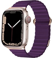 Uyumlu Model Apple Watch 7 8 41mm Kordon Mıknatıslı Magnetik Deri Kordon (Mürdüm)
