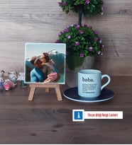 Babaya Hediye Fotoğraflı Dekoratif Taş, Ahşap Altlıklı Türk Kahvesi Fincanı Hediye (Model 4)