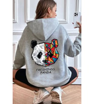 Unisex Panda Sırt Baskılı Sweatshirt (Gri)
