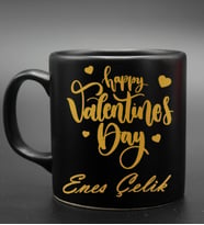 Sevgililer Gününe Özel Gold & Gümüş Happy Valentines Day İsimli Kişiye Özel Siyah Kupa (Model 2)