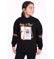 Toontoy Kız Çocuk Baskılı Taş İşlemeli Balıkçı Yaka Sweatshirt (Siyah)
