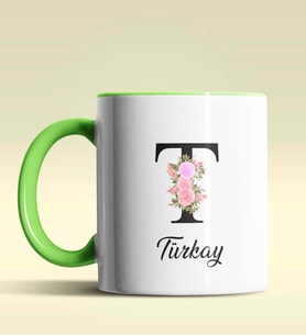 Kişiye Özel T Harfi Temalı Çiçekli Tasarım Siyah Renk Kupa (Yeşil)
