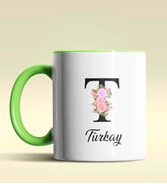Kişiye Özel T Harfi Temalı Çiçekli Tasarım Siyah Renk Kupa (Yeşil)