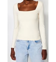 Moda Kare Yaka Örme Slim Düz Desen Casual Günlük Regular Uzun Kol Bluz (Taş)