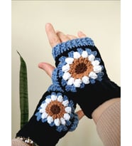 Boho Parmaksız Eldiven, Renkli Motif Eldivenler, El Yapımı Renkli Açık Parmak Eldiveni, Kemzey Handmade Giyim Aksesuarları (Siyah - Kahverengi)