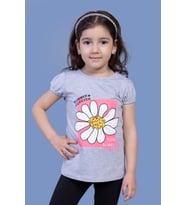 Toontoy Kız Çocuk Papatya Baskılı Taş İşlemeli Tişört ( Gri-Melanj)