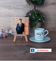 Türkçe Öğretmeni Fotoğraflı Dekoratif Taş, Ahşap Altlıklı Türk Kahvesi Fincanı Hediye Öğretmenler Günü Hediyesi (Model 2)