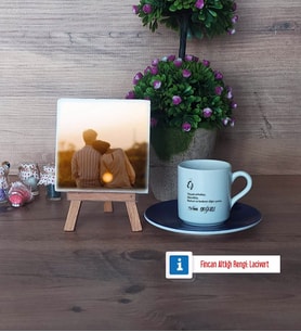 Eşe Hediye Fotoğraflı Dekoratif Taş, Ahşap Altlıklı Türk Kahvesi Fincanı Hediye (Model 4)