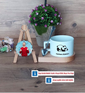 Uykucu Panda Kupa Bardak Beyaz ve Fotoğraflı Ahşap Anahtarlık Hediye (Model 8)
