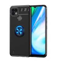 Realme C21 Kılıf Yüzüklü Standlı Manyetik Kamera Korumlı Silikon (Siyah-Mavi)