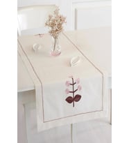 Naturel Buldan Keteni Çiçek İşlemeli 50x130 cm Runner (Pudra)