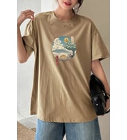 Unisex Neighbor's Ukiyo e Baskılı T-shirt (Bej)