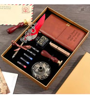 Kişiye Özel Hediye Retro Tüylü Dolma Kalem Mühür Ve Not Defteri Seti (Kırmızı)