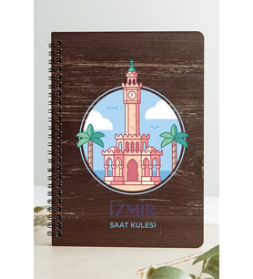 İzmir Saat Kulesi Şehir Tasarım Ahşap Kapaklı Defter Kraft Kağıt Özel Tasarım (Gri - Siyah - Beyaz)