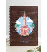 İzmir Saat Kulesi Şehir Tasarım Ahşap Kapaklı Defter Kraft Kağıt Özel Tasarım (Gri - Siyah - Beyaz)