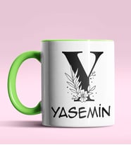 Kişiye Özel Y Harfi Romantik Tasarım Siyah Renk Kupa (Yeşil)