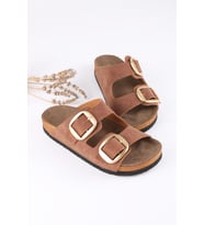 Glenz Kadın Çift Bant Tokalı Terlik TS1135 (Taba)