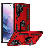 Samsung Galaxy S22 Ultra Uyumlu Kılıf Standlı Manyetik Yüzüklü Military Magnetic Ring Polycarbonate and TPU Case (Kırmızı)