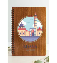 Adana Ulu Camii Şehir Tasarım Ahşap Kapaklı Defter Kraft Kağıt Özel Tasarım (Ceviz Rengi)