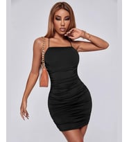 Beleng Kare Yaka Sırt Dekolteli Drapeli Mini Gecelik/Babydoll -Pudra/Siyah (Siyah)