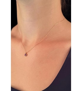 14 Ayar Altın Bordo Taş Detaylı Papatya Kolye (Rose)