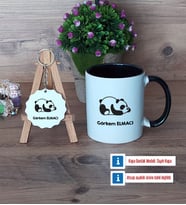 Uykucu Panda Kupa Bardak Kırmızı ve Ahşap Anahtarlık Hediye (Model 10)