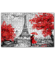 Cakapuzzle Eyfel Kulesi Kırmızı Ağaçlar Kırmızı Şemsiyeli Çift  Puzzle Yapboz MDF (Ahşap) (1000 Parça)