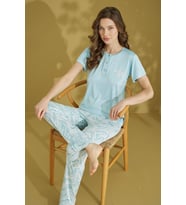 Kadın 3 Düğmeli Bisiklet Yaka Yazlık Viskon Kısa Kol Pijama Takımı (Mavi)