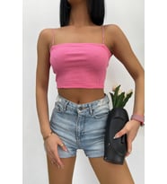 Kadın Slim Fit Kare Yaka İp Askılı Fitilli Crop Büstiyer (Pembe)