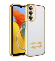 Samsung Galaxy M14 Kılıf Logo Yeri Açık Kamera Lens Korumalı Renkli Kenarlı Şeffaf Silikon (Gold)