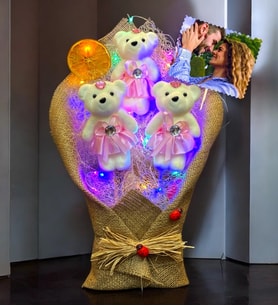 Size Özel Fotoğraflı Büyük Boy Ayıcık Buketi - Renkli Led Işıklı (Pembe)