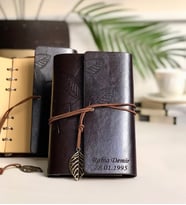 Mobgift Kişiye Özel Yaprak Tasarımlı Retro Deri Defter + Kalem Hediyeli (Koyu Kahverengi )
